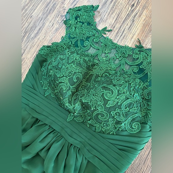 Emerald Green Lace Formal Bridesmaid Prom Dress Sz 9 Hi-Low Corset Built-in Bra - Picture 9 of 16